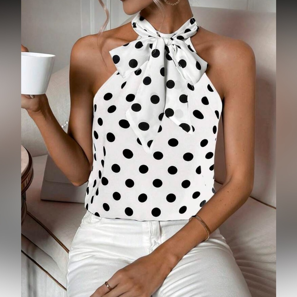 Classic Polka Dot Print Halter Top Blouse Shirt White New